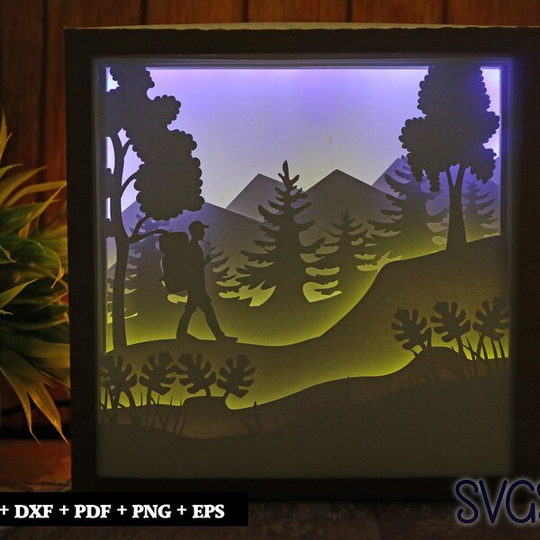 Alone Hiker Paper Cut Light Box Template, 3D 8x8, 12x12, 9x9 Square Shadow Box SVG, Cricut, Silhouette DIY