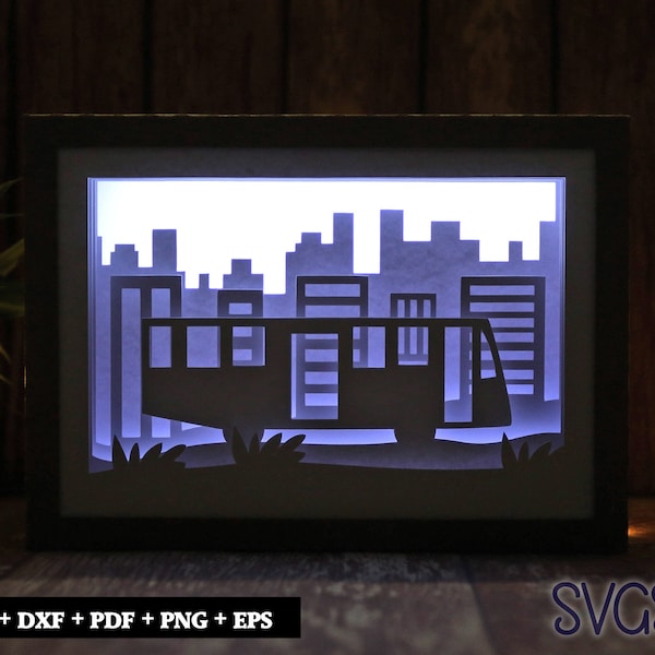 Bus with Cityscape Paper Cut Light Box Template, 3D 5x7 Shadow Box SVG, Cricut, Silhouette DIY