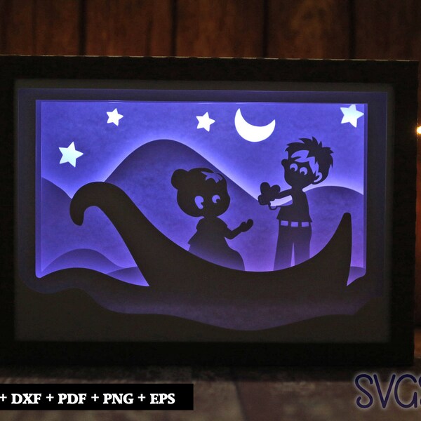 Romantic Date on Lake Paper Cut Light Box Template, 3D 5x7 Shadow Box SVG, Cricut, Silhouette DIY