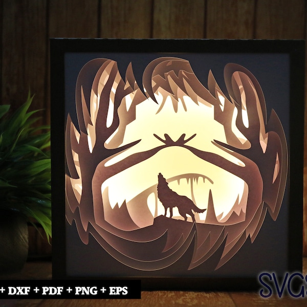 Wolf Howling Night Paper Cut Light Box Template, 3D 8x8, 12x12, 9x9 Square Shadow Box SVG, Cricut, Silhouette DIY Wolf Howling Night Paper Cut Light Box Template, 3D 8x8, 12x12, 9x9 Square Shadow Box SVG, Cricut, Silhouette DIY