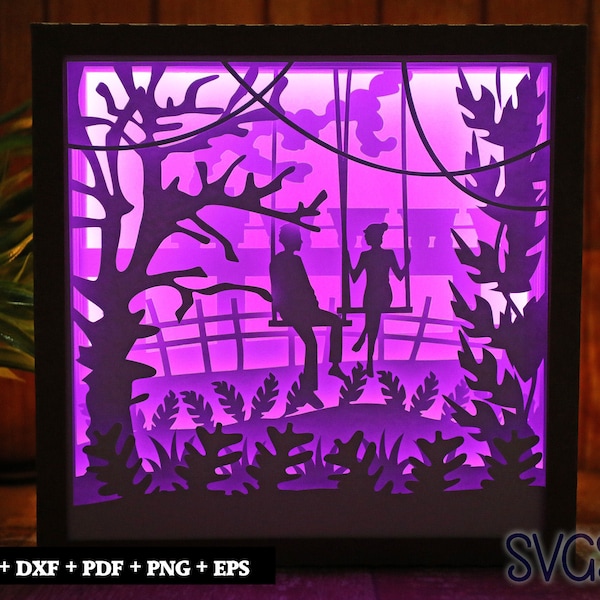 Boy and Girl on Swing Paper Cut Light Box Template, 3D 8x8, 12x12, 9x9 Square Shadow Box SVG, Cricut, Silhouette DIY