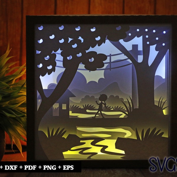 Girl Walking over River Paper Cut Light Box Template, 3D 8x8, 12x12, 9x9 Square Shadow Box SVG, Cricut, Silhouette DIY