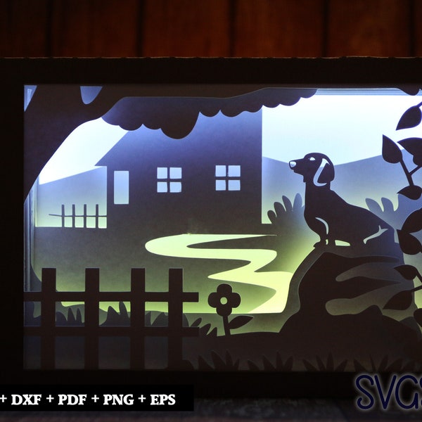 Dog Outside House Paper Cut Light Box Template, 3D 5x7 Shadow Box SVG, Cricut, Silhouette DIY Dog Outside House Paper Cut Light Box Template, 3D 5x7 Shadow Box SVG, Cricut, Silhouette DIY