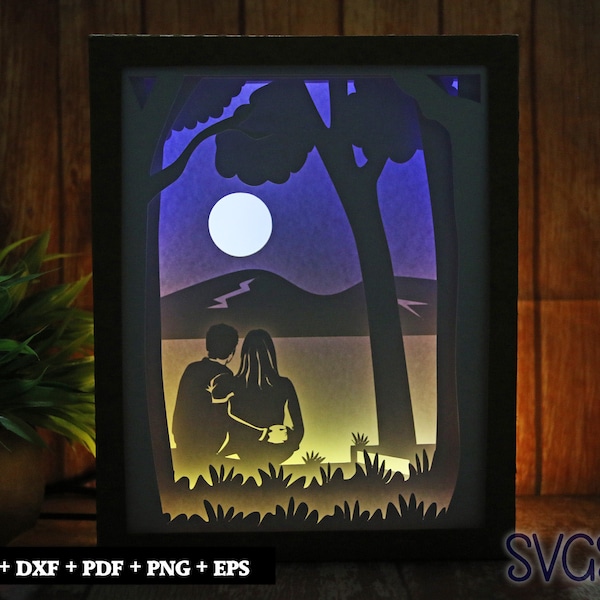 Love Couple Starring at Moon Paper Cut Light Box Template, 3D 8x10 Shadow Box SVG, Cricut, Silhouette DIY