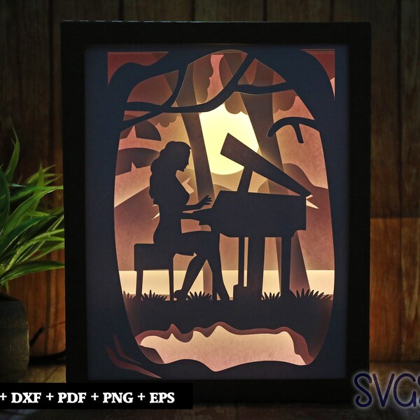 Girl Playing Piano Paper Cut Light Box Template, 3D 8x10 Shadow Box SVG, Cricut, Silhouette DIY