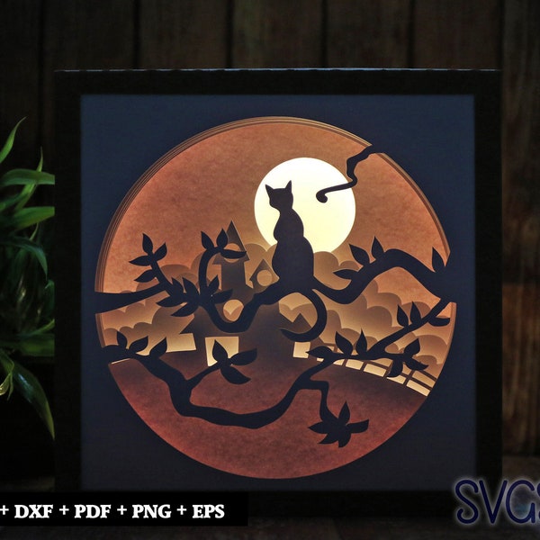 Cat Night Scene Paper Cut Light Box Template, 3D 8x8, 12x12, 9x9 Square Shadow Box SVG, Cricut, Silhouette DIY Cat Night Scene Paper Cut Light Box Template, 3D 8x8, 12x12, 9x9 Square Shadow Box SVG, Cricut, Silhouette DIY