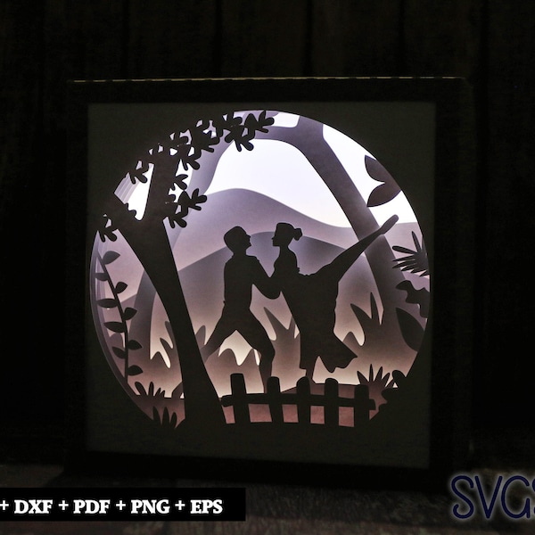 Ballet Couple Dancing Paper Cut Light Box Template, 3D 8x8, 12x12, 9x9 Square Shadow Box SVG, Cricut, Silhouette DIY
