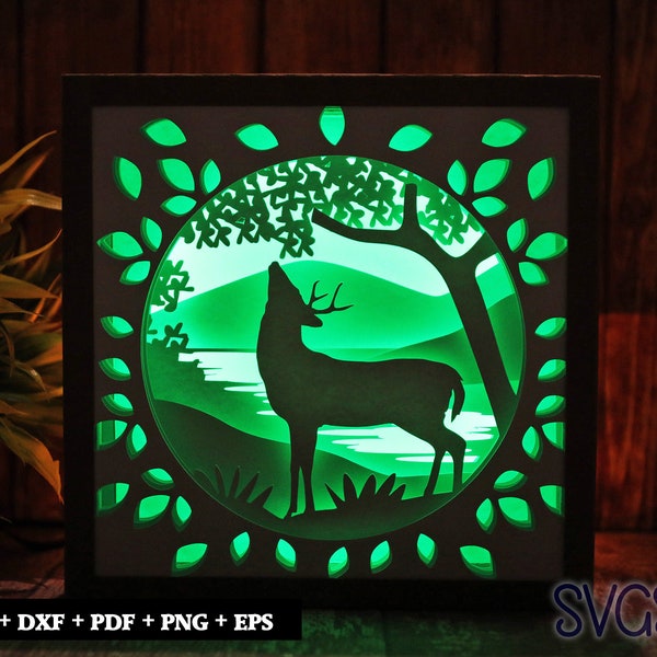 Deer and wildlife Paper Cut Light Box Template, 3D 8x8, 12x12, 9x9 Square Shadow Box SVG, Cricut, Silhouette DIY