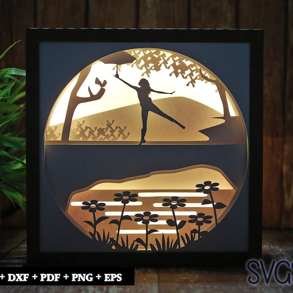 Girl Dancing with Umbrella Paper Cut Light Box Template, 3D 8x8, 12x12, 9x9 Square Shadow Box SVG, Cricut, Silhouette DIY Girl Dancing with Umbrella Paper Cut Light Box Template, 3D 8x8, 12x12, 9x9 Square Shadow Box SVG, Cricut, Silhouette DIY