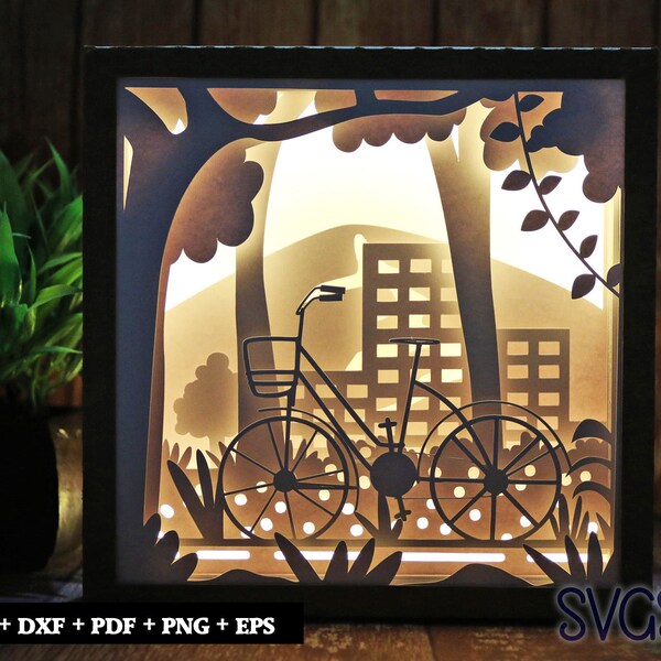 Bicycle standing on Road Paper Cut Light Box Template, 3D 8x8, 12x12, 9x9 Square Shadow Box SVG, Cricut, Silhouette DIY Bicycle standing on Road Paper Cut Light Box Template, 3D 8x8, 12x12, 9x9 Square Shadow Box SVG, Cricut, Silhouette DIY