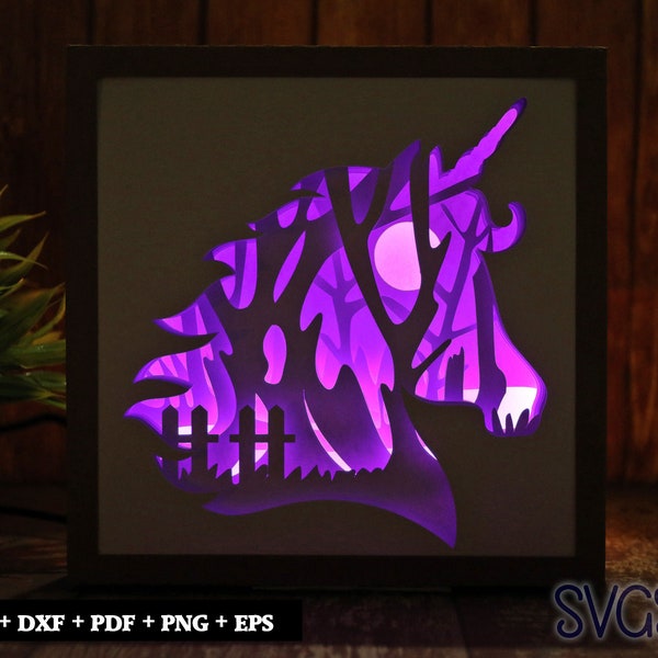 Unicorn Head Paper Cut Light Box Template, 3D 8x8, 12x12, 9x9 Square Shadow Box SVG, Cricut, Silhouette DIY
