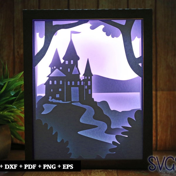 Castle in Mountains Paper Cut Light Box Template, 3D 8x10 Shadow Box SVG, Cricut, Silhouette DIY