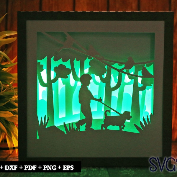 Boy and Dog Walking Paper Cut Light Box Template, 3D 8x8, 12x12, 9x9 Square Shadow Box SVG, Cricut, Silhouette DIY
