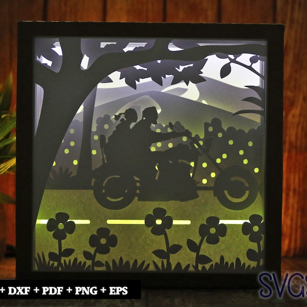 Road Trip on Bike Paper Cut Light Box Template, 3D 8x8, 12x12, 9x9 Square Shadow Box SVG, Cricut, Silhouette DIY