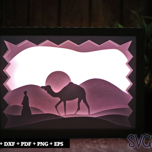 Camel in Desert Paper Cut Light Box Template, 3D 5x7 Shadow Box SVG, Cricut, Silhouette DIY