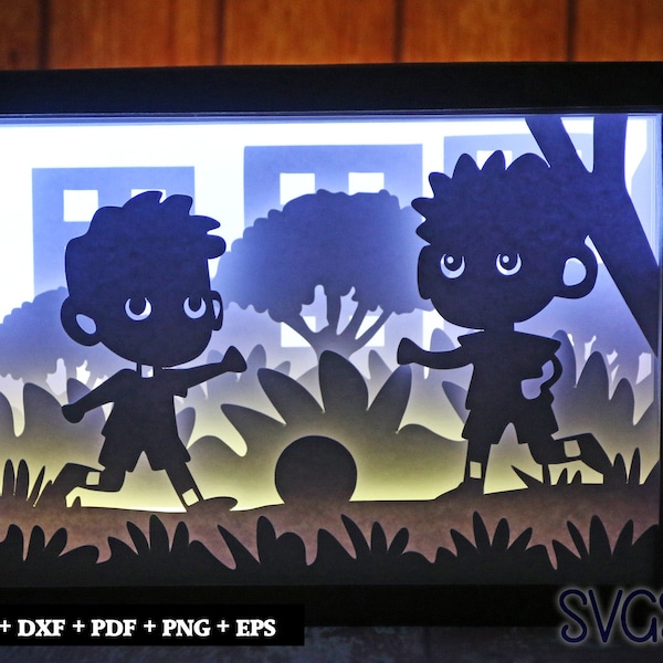 Kids Playing Ball Paper Cut Light Box Template, 3D 5x7 Shadow Box SVG, Cricut, Silhouette DIY