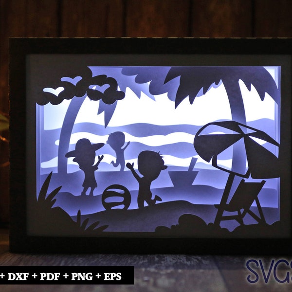 Beach Scene Paper Cut Light Box Template, 3D 5x7 Shadow Box SVG, Cricut, Silhouette DIY