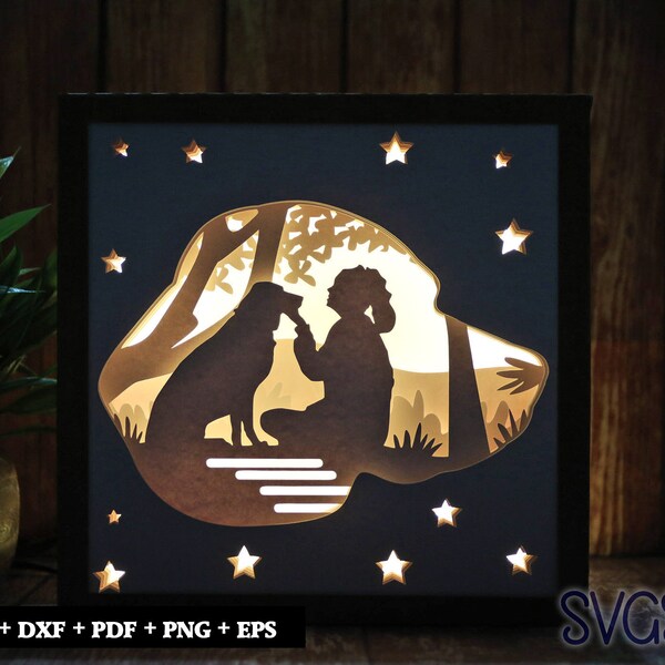 Girl with Dog Paper Cut Light Box Template, 3D 8x8, 12x12, 9x9 Square Shadow Box SVG, Cricut, Silhouette DIY