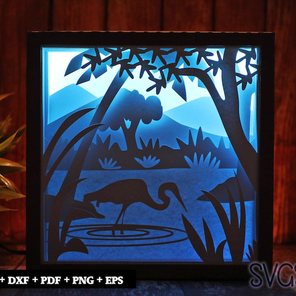 Grey Heron in the water Paper Cut Light Box Template, 3D 8x8, 12x12, 9x9 Square Shadow Box SVG, Cricut, Silhouette DIY Grey Heron in the water Paper Cut Light Box Template, 3D 8x8, 12x12, 9x9 Square Shadow Box SVG, Cricut, Silhouette DIY