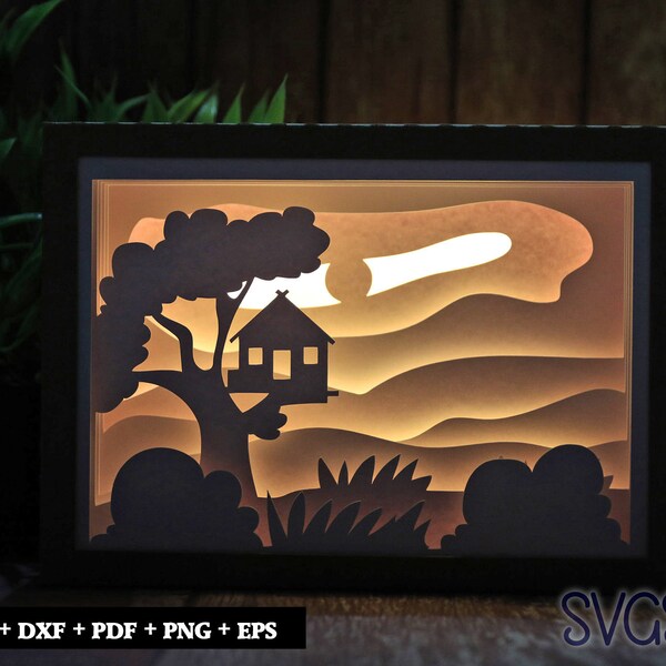 Tree House in Jungle Paper Cut Light Box Template, 3D 5x7 Shadow Box SVG, Cricut, Silhouette DIY