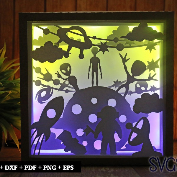 Alien from Outerspace Paper Cut Light Box Template, 3D 8x8, 12x12, 9x9 Square Shadow Box SVG, Cricut, Silhouette DIY Alien from Outerspace Paper Cut Light Box Template, 3D 8x8, 12x12, 9x9 Square Shadow Box SVG, Cricut, Silhouette DIY