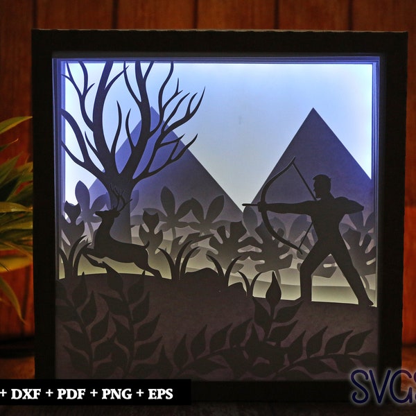 Hunter with Arrow and Bow Paper Cut Light Box Template, 3D 8x8, 12x12, 9x9 Square Shadow Box SVG, Cricut, Silhouette DIY
