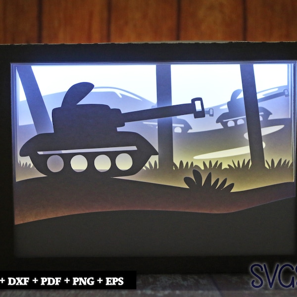 Army Tanks War Paper Cut Light Box Template, 3D 5x7 Shadow Box SVG, Cricut, Silhouette DIY