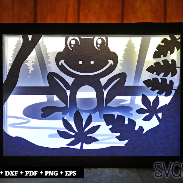 Frog in Pond Paper Cut Light Box Template, 3D 5x7 Shadow Box SVG, Cricut, Silhouette DIY