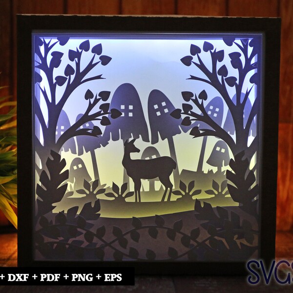 Deer with Mushroom Paper Cut Light Box Template, 3D 8x8, 12x12, 9x9 Square Shadow Box SVG, Cricut, Silhouette DIY Deer with Mushroom Paper Cut Light Box Template, 3D 8x8, 12x12, 9x9 Square Shadow Box SVG, Cricut, Silhouette DIY