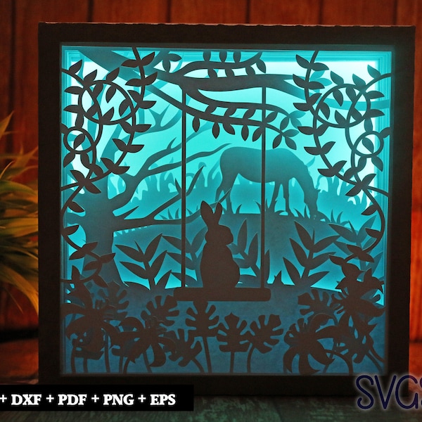 Rabbit on Swing Paper Cut Light Box Template, 3D 8x8, 12x12, 9x9 Square Shadow Box SVG, Cricut, Silhouette DIY Rabbit on Swing Paper Cut Light Box Template, 3D 8x8, 12x12, 9x9 Square Shadow Box SVG, Cricut, Silhouette DIY
