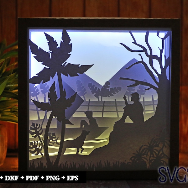 Boy Fishing and Watching Paper Cut Light Box Template, 3D 8x8, 12x12, 9x9 Square Shadow Box SVG, Cricut, Silhouette DIY Boy Fishing and Watching Paper Cut Light Box Template, 3D 8x8, 12x12, 9x9 Square Shadow Box SVG, Cricut, Silhouette DIY