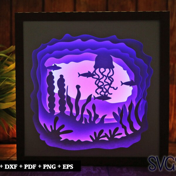 Jellyfish in Water Paper Cut Light Box Template, 3D 8x8, 12x12, 9x9 Square Shadow Box SVG, Cricut, Silhouette DIY