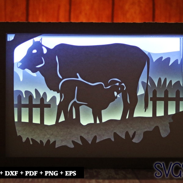Cow feeding Calf Paper Cut Light Box Template, 3D 5x7 Shadow Box SVG, Cricut, Silhouette DIY Cow feeding Calf Paper Cut Light Box Template, 3D 5x7 Shadow Box SVG, Cricut, Silhouette DIY