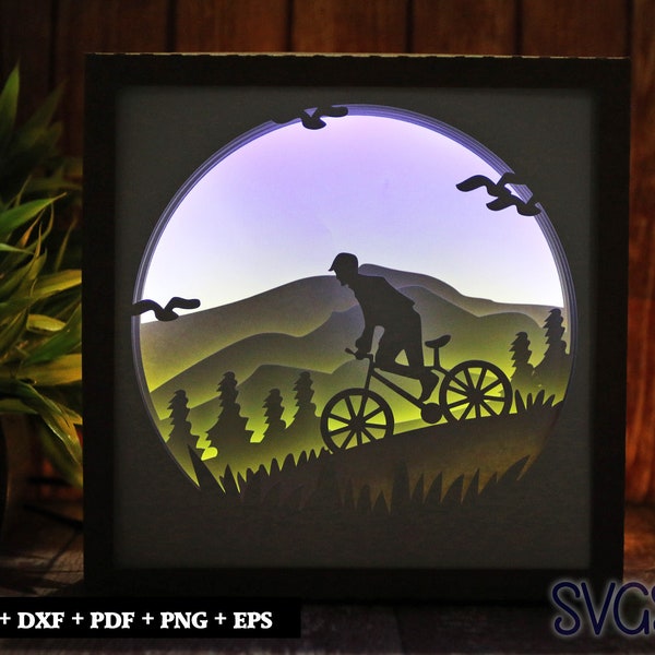 Bike Rider Paper Cut Light Box Template, 3D 8x8, 12x12, 9x9 Square Shadow Box SVG, Cricut, Silhouette DIY Bike Rider Paper Cut Light Box Template, 3D 8x8, 12x12, 9x9 Square Shadow Box SVG, Cricut, Silhouette DIY
