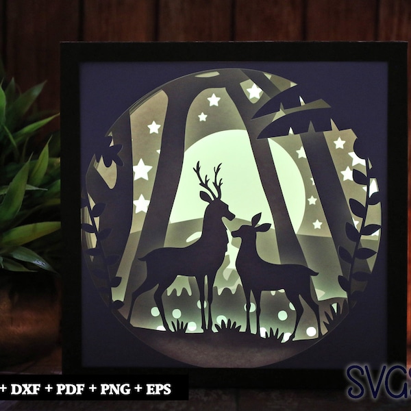Deer Family Paper Cut Light Box Template, 3D 8x8, 12x12, 9x9 Square Shadow Box SVG, Cricut, Silhouette DIY