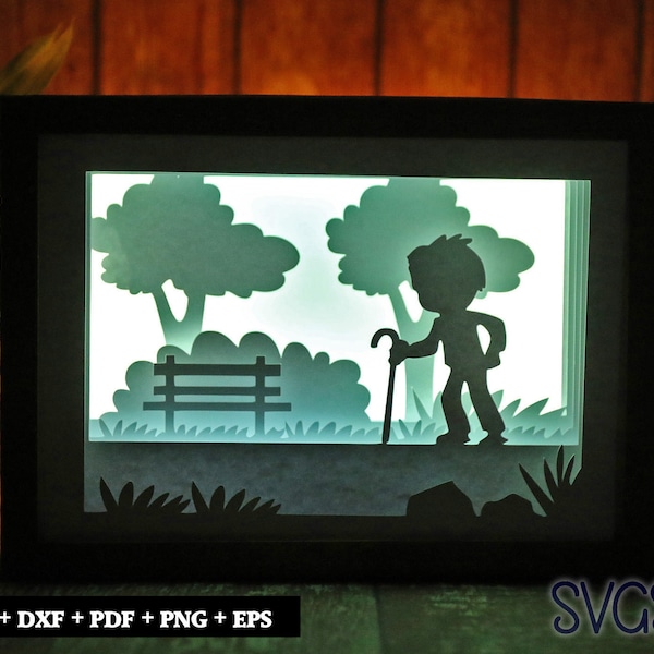 Grandpa with Stick Paper Cut Light Box Template, 3D 5x7 Shadow Box SVG, Cricut, Silhouette DIY