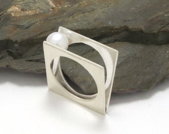 Ring, schmal, eckig, matt, Perlenring, geometrisch