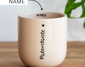 Hochwertiger Keramikbecher, Geschenk für Patentante, personalisiert mit Namen, Datum Text, handbeschriftet, Keramikware aus Portugal, 330ml