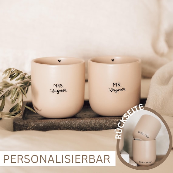 Mr & Mrs Becher personalisiert • das perfekte Geschenk für das Brautpaar zur Hochzeit • handbemalte Tassen beige