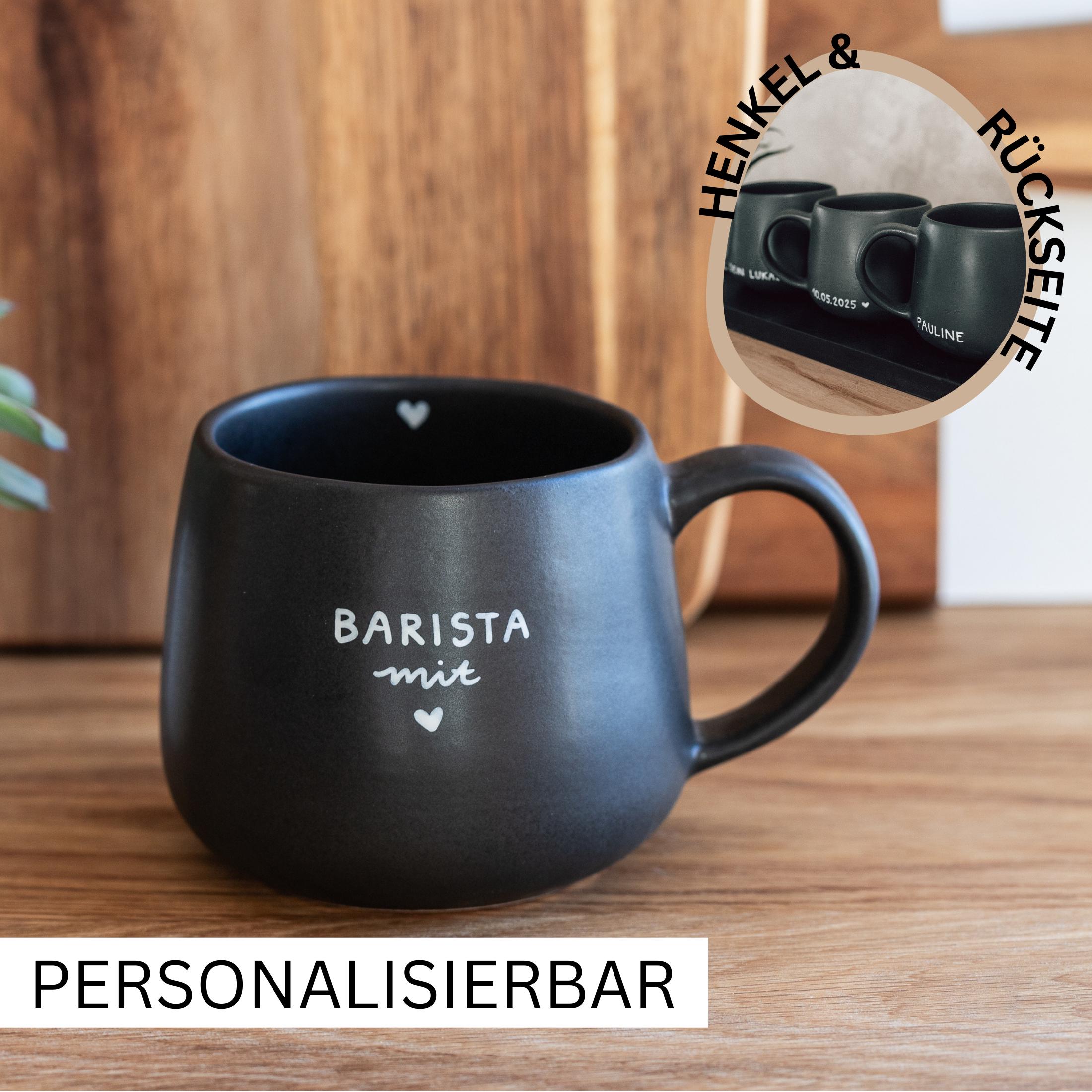 Tasse Barista mit Herz • personalisierbar mit Namen und Datum • handbemalte schwarze Keramiktasse • Geschenk Kaffeeliebhaber Café • 360ml
