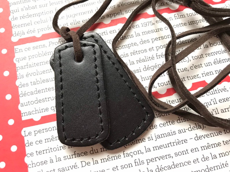 French Vintage Necklace Genuine Leather Authentic Unique Pendant Handmade Present Unisex Unique Gift For Her Gift For Him Black - 