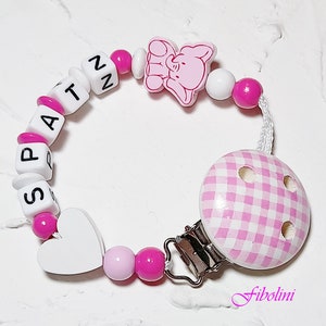 Corrente para chupeta "ELEFANTE". rosa, branco, coração, corrente de chupeta, gravidez, chá de bebê, cartões de marco, menina, nome, personalizado, madeira