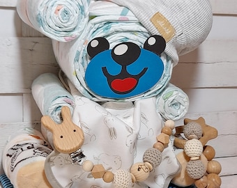 Oso de pañales para niño. Cadena para chupete, mordedor, tarta de pañales, regalo para bautizo, nacimiento, anuncio de embarazo, baby shower.