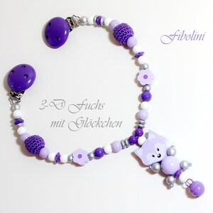 Kinderwagenketting "FUCHS". Bloem Bell paars lila wit zilver naamloze gehaakte houten kralen diy cadeau baby autostoeltje hanger Maxicosi