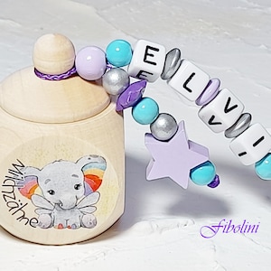 Boîte à dents de lait « ÉLÉPHANT ». avec nom, beige, lilas, turquoise, violet, argent, perles en bois, sachet de sucre, boîte à dents de lait, inscription scolaire, rangement