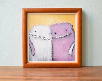 Monster Couple Friendship Pink Illustration Print, Amis, Chambre d’enfants, Amour, Wandeko, Bildeko, Vivant, Cadeau d’amitié