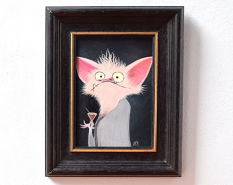 Portrait en verre Bat Martini - Oeuvre peinture acrylique encadrée, décoration gothique, cadre noir