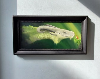 Acrylic painting: Dragon and fox in the dark cave - Original