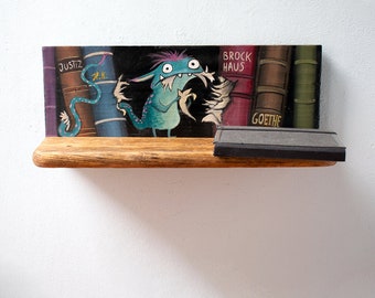 Etagère murale, peinte à la main avec un monstre mangeur de livres - étagère en bois flotté upcyclé, chambre d'enfant. Rangement sur étagère de salon