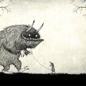 Monster Spaziergang, Wald, Mädchen, Schwarz Weiß, Illustration, Ungeheuer, Druck, Kunst, Haustier Monster, Bild 6